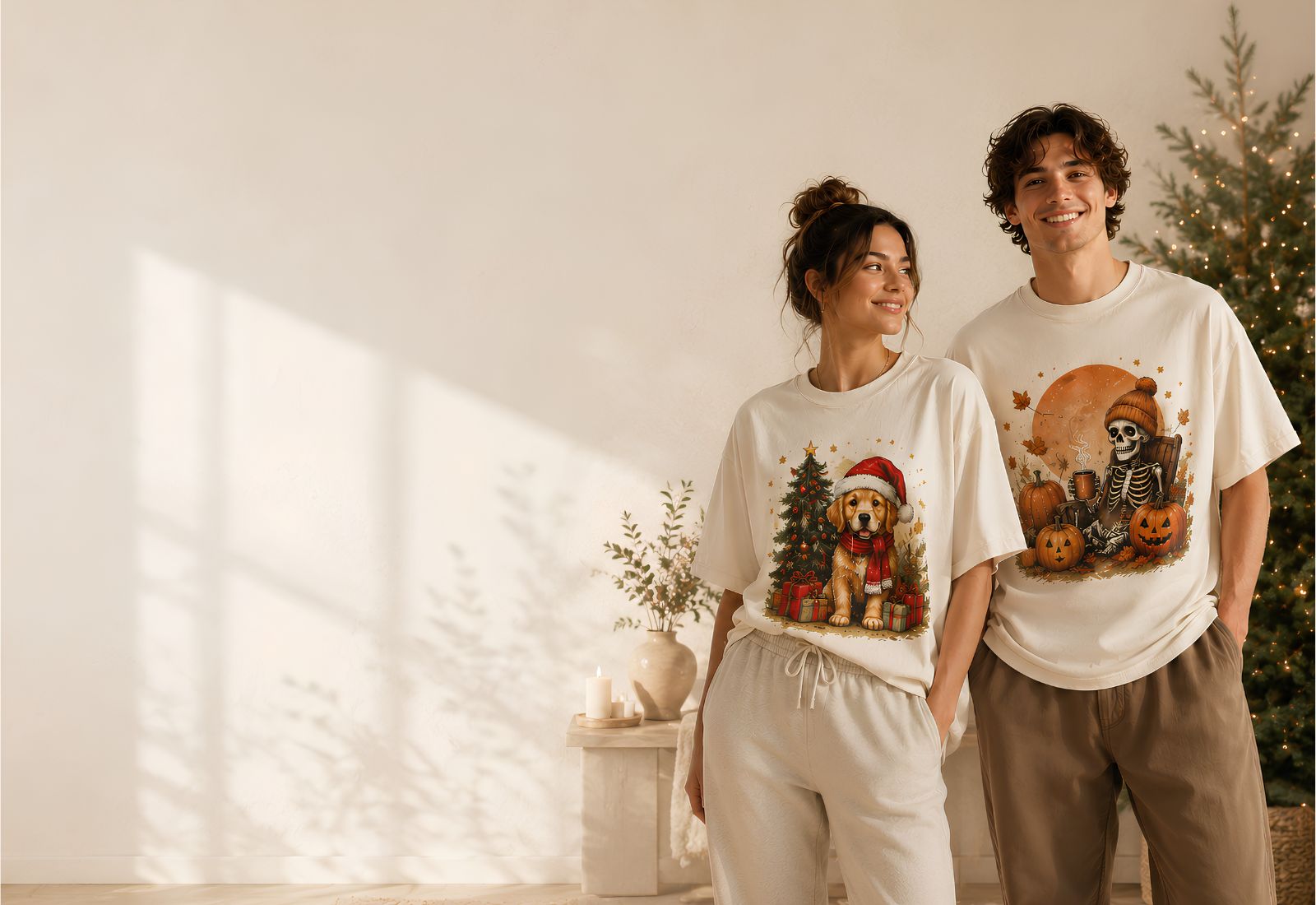 Two people wearing ShirtBeat premium tees in a bright, cozy living room
