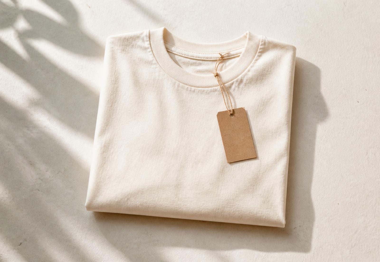 Folded ShirtBeat tee with a kraft tag on a warm off-white surface